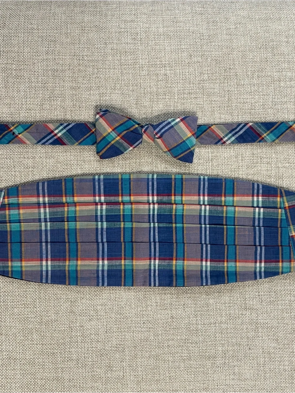 Vintage Reys & Rockwood Madras Bow Tie Cummerbund Set Cotton Plaid